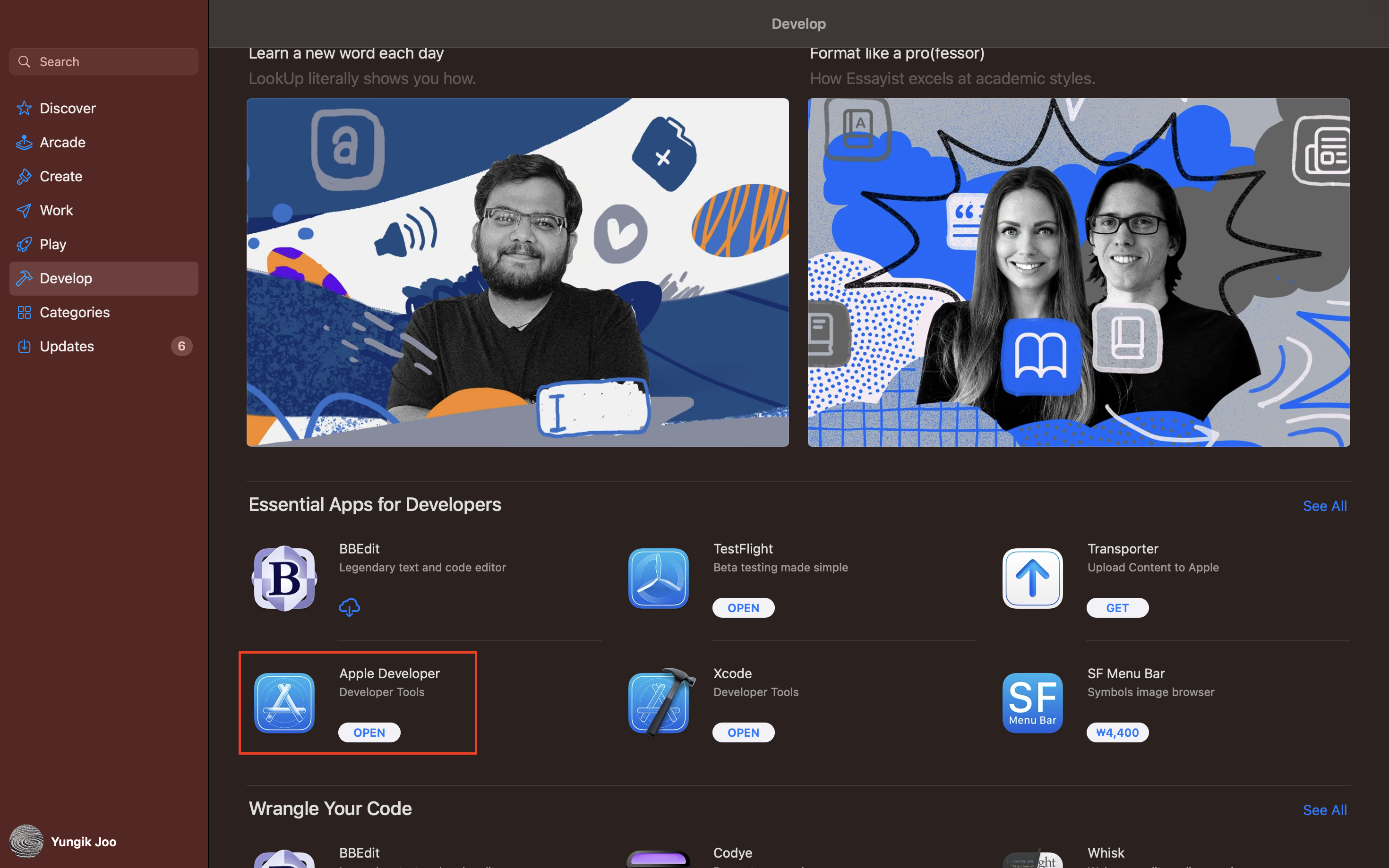 App Store > Develop 탭에서 Apple Developer 앱을 받을 수 있다